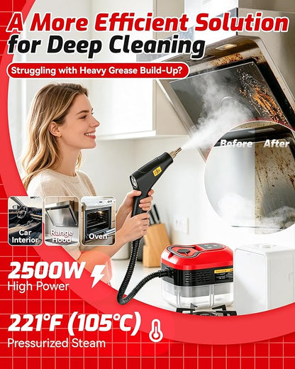 Handheld Steam Cleaner – 2500w Steam Cleaner, 10s Fast Heat, 6 Adjustable Levels, 40.6oz Large Tank, Complete Cleaning Kit, Multi-surface for Grease, Grout, Kitchen, Bathroom, Sofa & Car (White)