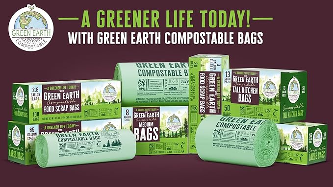 Green Earth Compostable Small Kitchen Food Scrap Trash Bags, Compost Bin Compatible, 2.6 Gallon, 10 Liter, 300-Count, Extra Thick 0.71 Mil, ASTM D6400, BPI (US) & OK Compost Home (EU) Certified