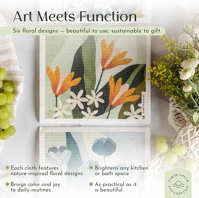 Swedish Dishcloths – Floral Designs Gift Set – Reusable Compostable Cellulose Sponge Cloth – Eco-Friendly Paper Towel Alternative 6 Pack