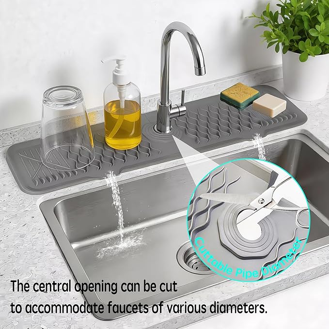 Silicone Faucet Mat for Kitchen Sink, Draining Mat Water Splash Guard for Kitchen & Bathroom (Beige, 17"x5.6")