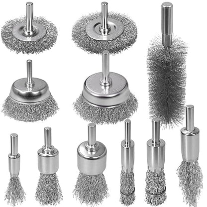 11 Pcs Metal Carbon Steel Wire Wheel for Drill Set,Wool Brush Drill Attachment for Removing Paint and Rust with 1/4" Round Shank