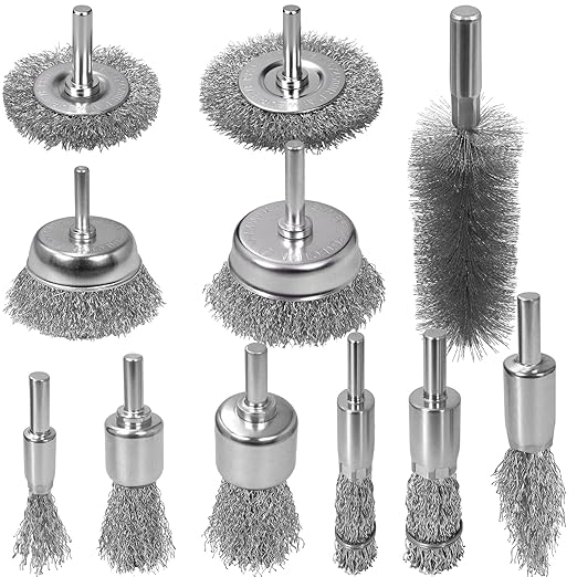 11 Pcs Metal Carbon Steel Wire Wheel for Drill Set,Wool Brush Drill Attachment for Removing Paint and Rust with 1/4" Round Shank