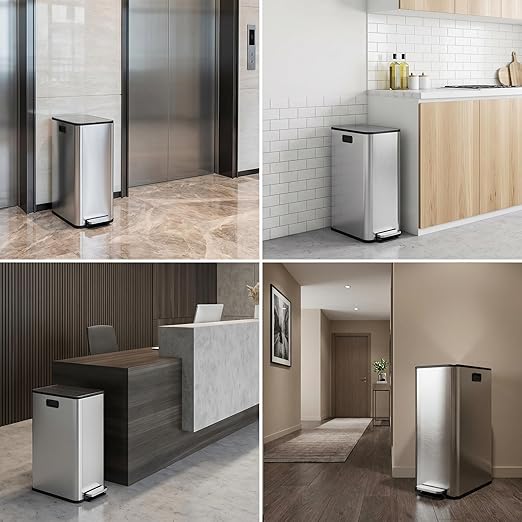 15-Gallon Dual Trash Can, Step-On Pedal Kitchen Trash Bin with Butterfly Lid, Odor-Proof Stainless Steel Large Trash Recycle Bin Combo with Removable Inner Buckets (2 x 28L) - Silver