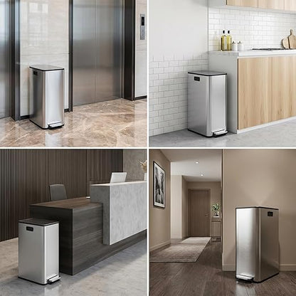 15-Gallon Dual Trash Can, Step-On Pedal Kitchen Trash Bin with Butterfly Lid, Odor-Proof Stainless Steel Large Trash Recycle Bin Combo with Removable Inner Buckets (2 x 28L) - Silver