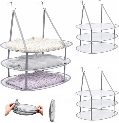 SAMJANE Hanging Sweater Drying Rack – Lay-Flat Warp-Knit Airflow Mesh for Delicates, 3 pcs 3-Tier Foldable Space-Saving Door-Hanging Design for Fast Drying & No Deformation in Small Spaces (Grey)