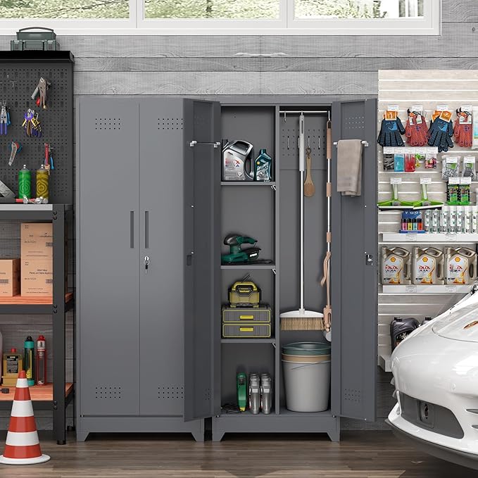 Broom Closet,Broom Closet Storage Cabinets with Lock, 65" Metal Garage Organization Cabinet,Cleaning SupplyUtility Storage Cabinet with Pegboard & Shelves for Laundry Room,Workshop