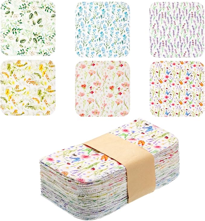 Kinlop 24 Pcs Summer Lunchbox Cloth Napkins Bulk Reusable 2 Ply 8" x 8" Cotton Paper Towels Floral Style Flannel Wipes Washable Sturdy Absorbent Cloth Placemats for Dining Home Party