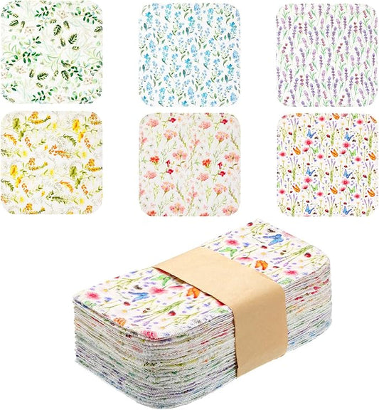 Kinlop 24 Pcs Summer Lunchbox Cloth Napkins Bulk Reusable 2 Ply 8" x 8" Cotton Paper Towels Floral Style Flannel Wipes Washable Sturdy Absorbent Cloth Placemats for Dining Home Party
