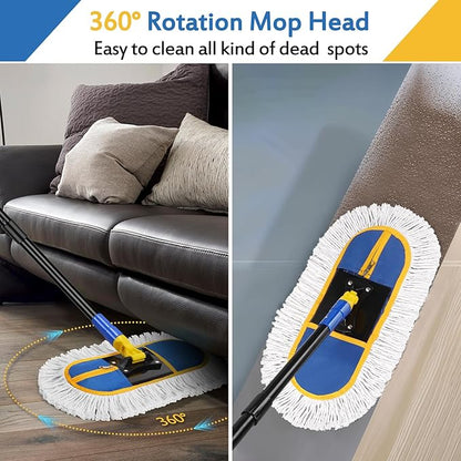 Commercial Dust Mop for Floor Cleaning - Industrial Wet Dry Broom with 2 Washable Mops Pads for Hardwood Vinyl Laminate Floors Warehouse Courtyard Cleaning,16 Inch,Blue