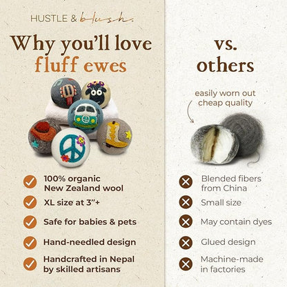 Fluff Ewes Wool Dryer Balls 6 Pack Premium New Zealand Wool Laundry Balls for Dryer, No Static Dryer Balls Laundry Reusable, XL Wool Dryer Balls Cute, Baby Dryer Balls for Dryers - Fluff Fest