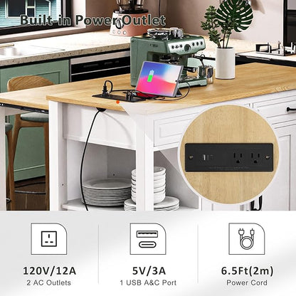 47" Kitchen Island with Extendable Dining Table, Movable Farmhouse Kitchen Islands with Storage Rack, Power Outlet, Island Table on Wheels with 2 Storage Drawers & 2 Cabinets, White