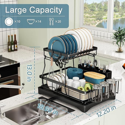 Dish Drying Rack, 2 Tier Dish Racks for Kitchen Counter, Large Stainless Steel Kitchen Dish Drying Rack with Drainboard, Detachable Dish Drainers with Utensil Holders