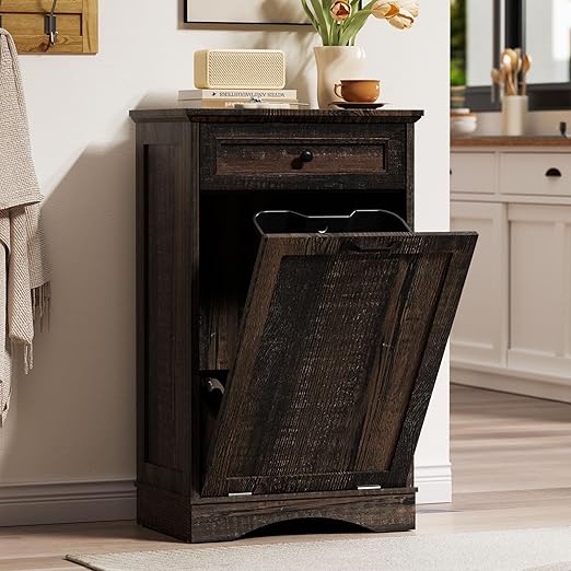 AHB 13 Gallons Tilt Out Trash Cabinet Hidden Trash Can Cabinet Freestanding Garbage Recycling Cabinet with Hideaway Drawer Pet Proof Trash Bin for Kitchen Living Room, Rustic Brown