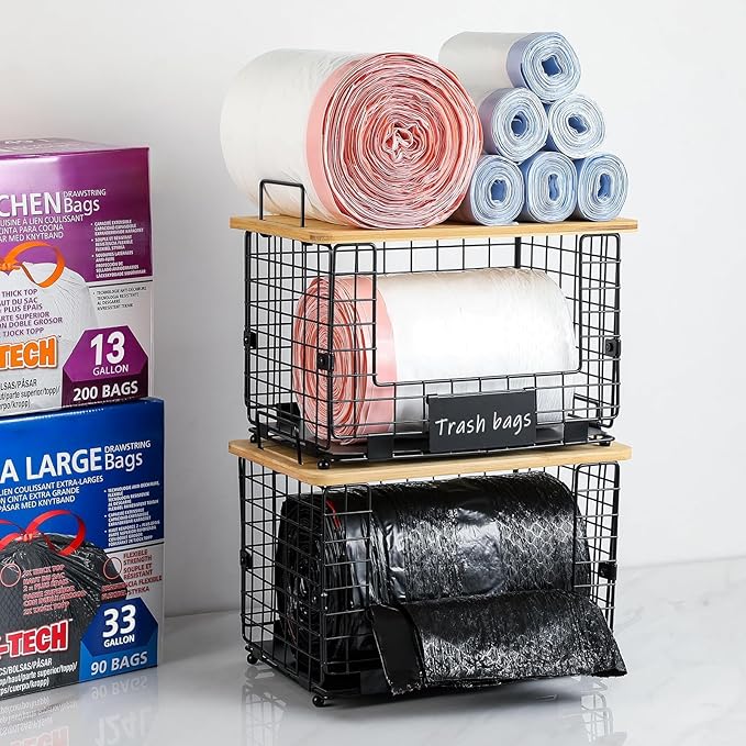 Upgrade Larger, Fit 13/30/33+ Gallon Trashbag Perfectly - 2 SET Stackable Trash Bag Holder with Tags & Bamboo Top, Garbage Bag Dispenser Stand, Kitchen Pantry Under Sink Laundry Room Organizer Basket