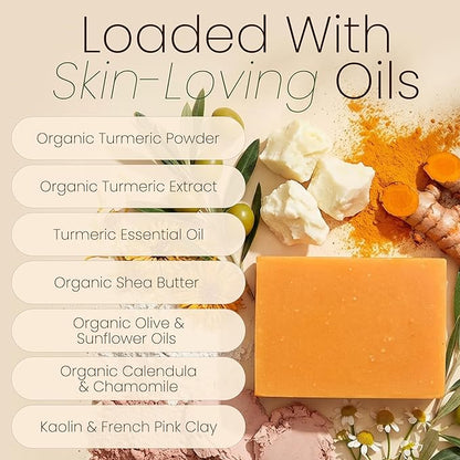 Turmeric Soap Bar for Face & Body – Handmade with Organic Shea Butter, Chamomile, Calendula – Gentle, Non-Drying Natural Face Wash for Sensitive Skin, All Skin Types, Made in USA 4.5 oz