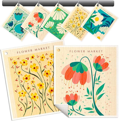 Miss Adola Swedish Dishcloths for Kitchen - 5 Pack Reusable Dish Cloths for Washing Dishes Absorbent Cute Funny Kitchen Towels Cleaning Sponge, Cartoon Flower