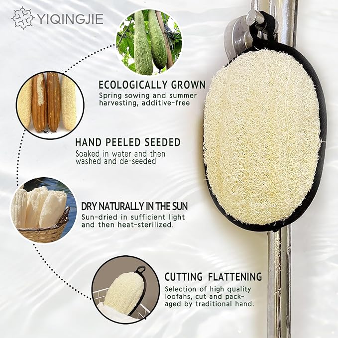 YIQINGJIE Natural Shower Loofah Sponge Exfoliating Body Scrubber，Natural Organic Beauty Exfoliating Loofah for Men and Women, Suitable for Cleansing Face Scrubber and Body Bath,Large Black(2 Pack)