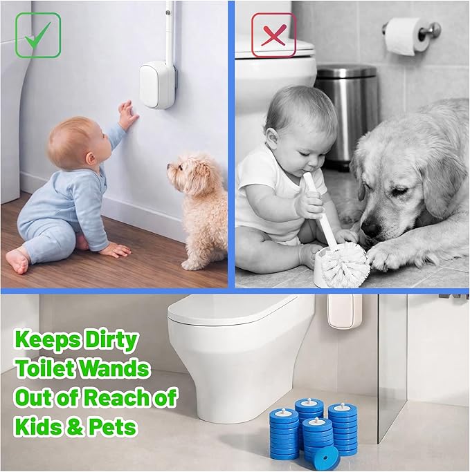 CiLoN Disposable Toilet Cleaning System + 30 Carry Detergent Disposal Toilet Bowl Brush Refills. Space-Saving Wall Mounted Toilet Brush and Holder for Modern Bathrooms. (Starter Kit + 30 Brush)