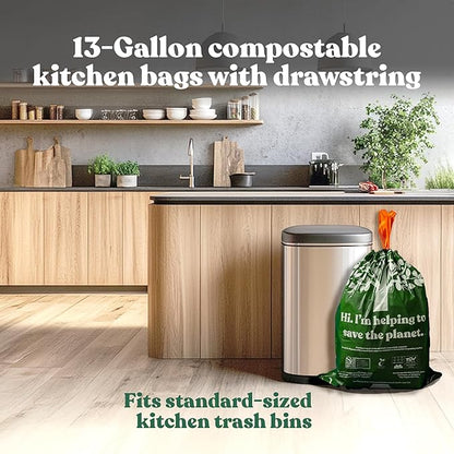 Healthy Earth 13 Gallon Compostable Drawstring Trash Bags, 1.13 Mil Extra Thick Tall Kitchen Liners (49.2 L), Heavy Duty Leak-Proof Food Scrap Bags, BPI & TÜV OK Compost Certified, 60 Count
