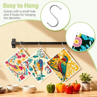 Swedish Dishcloths for Kitchen, 5 Pack Floral Bird Reusable Paper Towels with 3 Hooks, Washable Dish Cloth Set, Absorbent Cleaning Cloth for Home Washing Dishes Housewarming Gifts for Friend