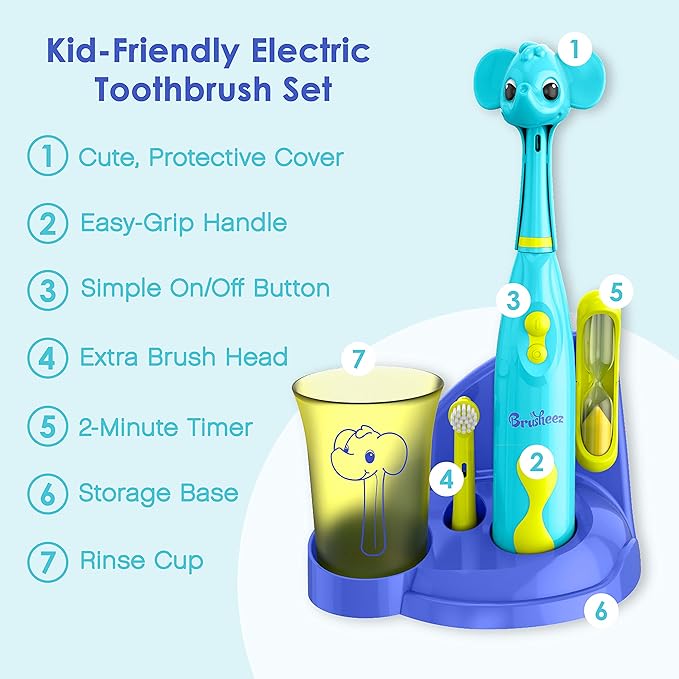 Brusheez Kids’ Electric Toothbrush Set - Safe & Effective for Ages 3+ - Parent Tested & Approved with Gentle Bristles, 2 Brush Heads, Rinse Cup, 2-Minute Timer, & Storage Base (Ollie the Elephant)