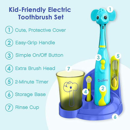 Brusheez Kids’ Electric Toothbrush Set - Safe & Effective for Ages 3+ - Parent Tested & Approved with Gentle Bristles, 2 Brush Heads, Rinse Cup, 2-Minute Timer, & Storage Base (Ollie the Elephant)