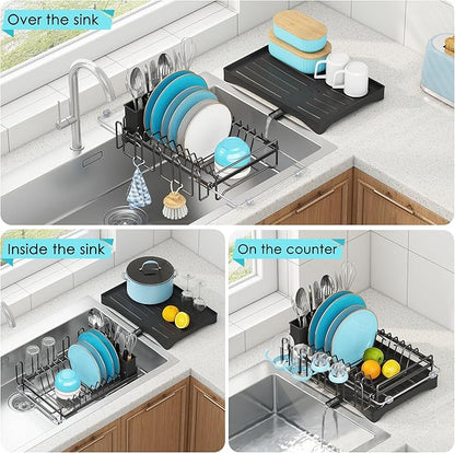 ANTOPY Dish Drying Rack in Sink, Expandable Rustproof Dish Rack for Kitchen Counter, Over the Sink Dish Drainer with Utensil Holder, Cup Rack, Drainboard, Space Saving Dish Dryer Rack for Inside Sink