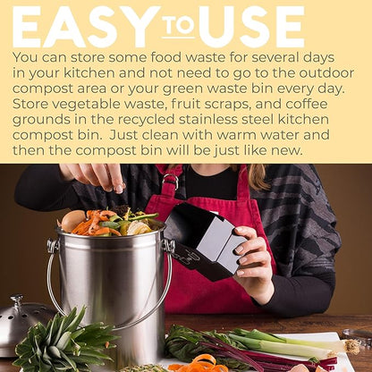 EPICA Countertop Compost Bin Kitchen | 1.3 Gallon | Odorless Composting Bin with Carbon Filters | Indoor Compost Bin with Lid | Stainless Steel Kitchen Composter for Food Scraps & Waste Recycling