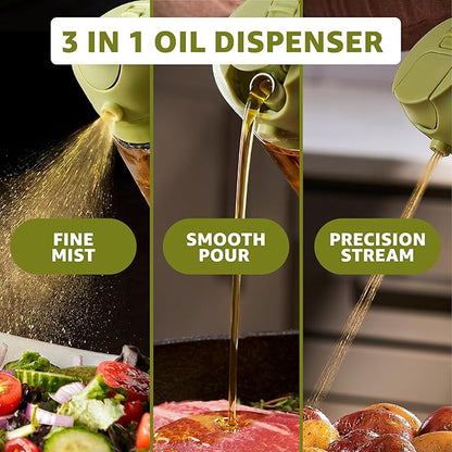 FineDine 16oz Olive Oil Sprayer for Cooking, 2 in 1 Olive Oil Dispenser Bottle for Kitchen, Air Fryer, Salad, BBQ & Baking – Dual Spray Mist & Stream, with Measurement Marks, Green