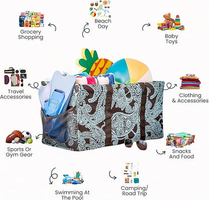 Extra Large Utility Tote Bag - Oversized Collapsible Reusable Wire Frame Rectangular Canvas Basket With Two Exterior Pockets For Beach, Pool, Laundry, Car Trunk, Storage - Paisley Blue