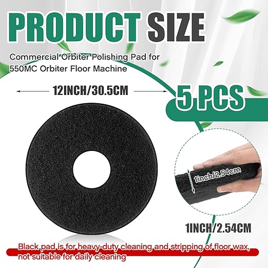 Teenyyou 5 Pcs 12" Cleaning Orbiter Pads Commercial Floor Buffer Pads Hardwood Floor Maintenance Scrubber Polisher Cleaning and Stripping for Orbiter Machine (Black)