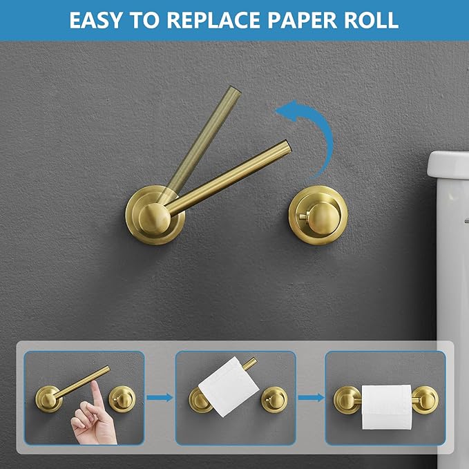 RUMOSE Toilet Paper Holder and Hand Towel Ring Brushed Gold Wall Mount Bathroom Hardware Accessories 2 PCS Set Flexible Pivoting Toilet Tissue Roll Holder and Towel Hanger, Stainless Steel