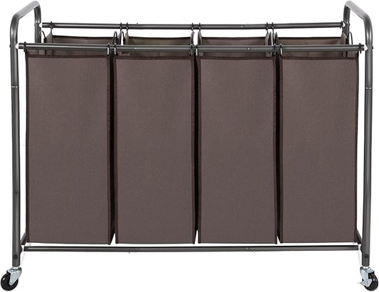 STO STO Laundry Sorter 4 Section, 4 Bag Clothes Hamper, Rolling Laundry Cart Basket with Heavy Duty Lockable Wheels and Removable Bag for Laundry Room, Bedroom, Closet, Brown