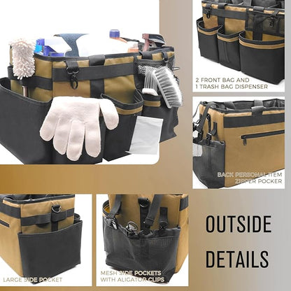 SCAVATA Wearable Cleaning Caddy Organizer with Handle & Shoulder Straps for Housekeepers, Under Sink & Car Cleaning Tool Organizer Bag with 4 Foldable Dividers (Tan)