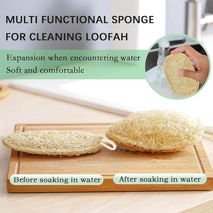Natural Loofah Dish Sponge, Natural Kitchen Biodegradable Compostable Cellulose Loofah Scrub Sponge, Dual Sided Reusable Non Scratch Cleaning Sponge for Cleaning Kitchen, Bathroom, Household, 3 Pcs