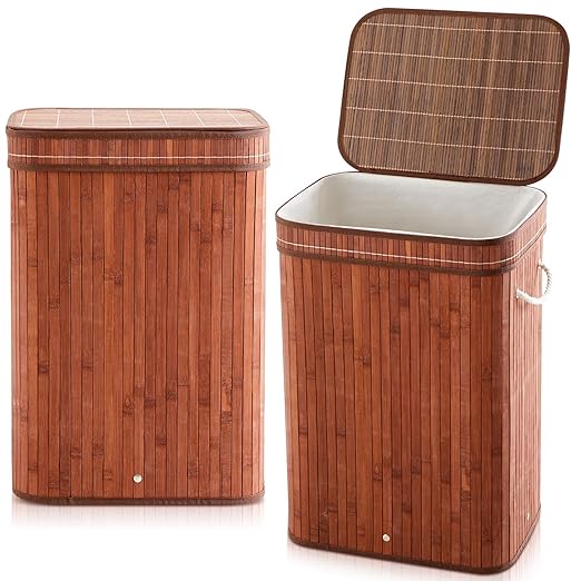2 Pack 21 Gallon Bamboo Slim Trash Can with Lid Large Foldable Slim Rectangular Garbage Can Bamboo Waste Basket for Bathroom Bedroom Office Home Salon Spa (Coffee)