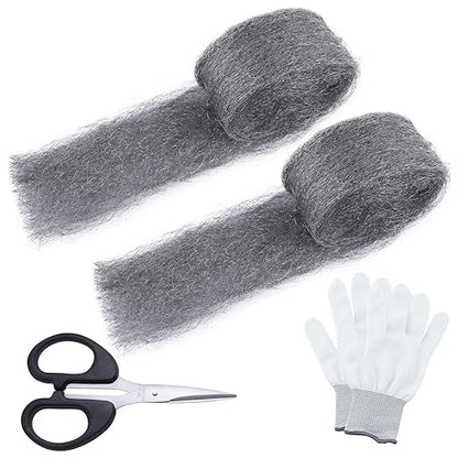 2 Packs Steel Wool Mice Control 2.75" x9.84Ft Gap Fill Fabric Hole Filler with Gloves & Scissors Wall Cracks Gap Blocker Protect Against Animals in Holes, Pipeline, Vents for House, Garage
