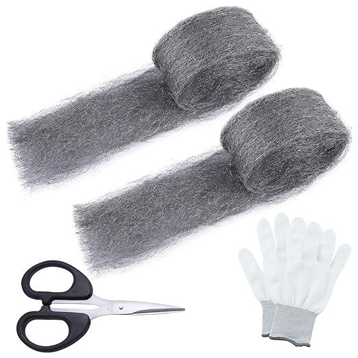 2 Packs Steel Wool Mice Control 2.75" x9.84Ft Gap Fill Fabric Hole Filler with Gloves & Scissors Wall Cracks Gap Blocker Protect Against Animals in Holes, Pipeline, Vents for House, Garage