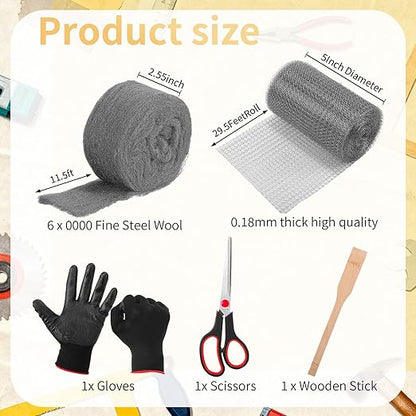 Steel Wool for Mice Control Mesh Rodent Control Kit 1 Pack Rustproof Mesh Roll and 0000 Steel Wool Mouse Hole Filler with Gloves, Scissors for House Garden Home Garage(5in X 29.5ft)