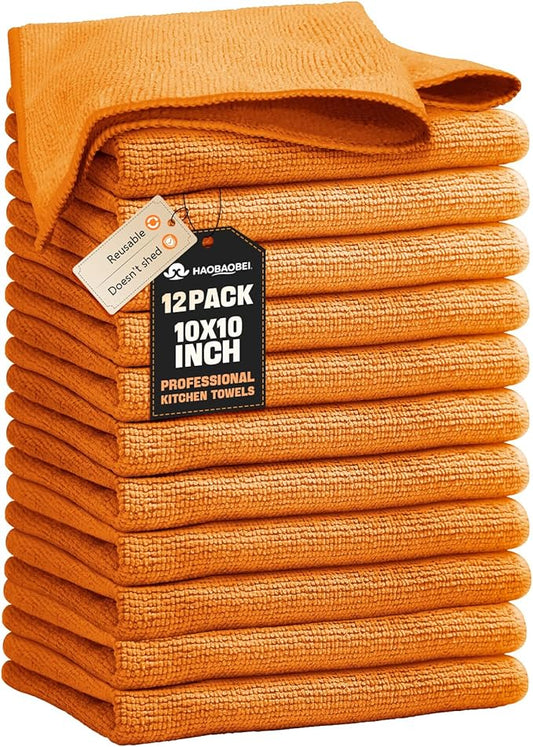 Kitchen Dish Cloths, 12 Pack, 10 x 10 Inches, Super Absorbent Kitchen Towels, Soft Lint Free Reusable Dish Cloths for Nonstick Cookware, Counters and Sink, Orange
