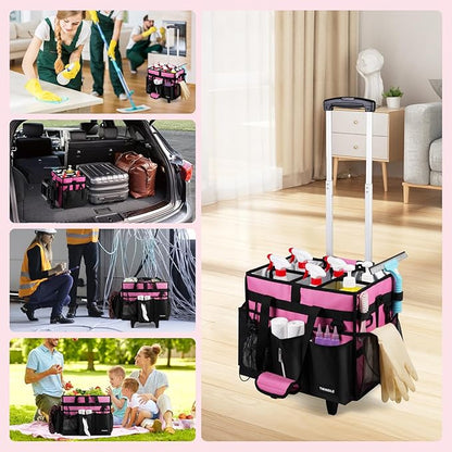 Cleaning Caddy with Wheels, Rolling Cleaning Supplies Organizer with Bottom Board, Dividers & Shoulder Strap, Portable Utility Tote with Small Trolley, Rose Pink