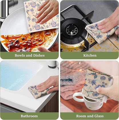 8Pcs Swedish Dishcloths for Kitchen, Quick-Drying Reusable Paper Towels, Absorbent Washable Kitchen Dish Rags, Soft Cellulose Sponge Cloths for Countertop Sink Flower Bird (8pcs Floral Fragments)