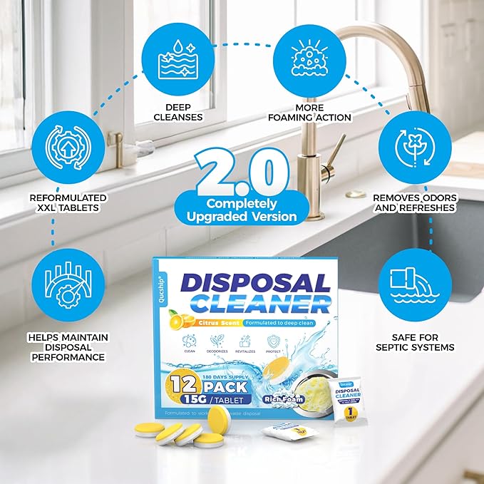 Garbage Disposal Cleaner Tablets - 12 Pack, XXL Foaming Disposal Cleaner - Powerful Deep Cleaning & Grease Remover, Septic Safe Kitchen Sink Drain Care for Maintenance