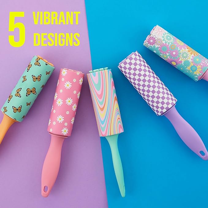 5pc Retro Mini Lint Roller Value Pack – Colorful Compact Rollers for Travel | Pet Hair & Lint Remover for Clothing & Household Use | Portable On-the-Go Lint Removers