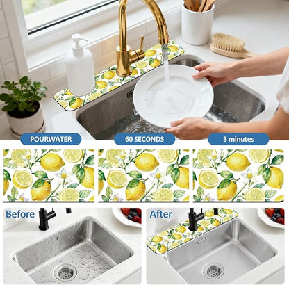 2 Pcs Kitchen Sink Splash Guard Faucet Mats Lemon Pattern Faucet Mat for Sinks Fruit Absorbing Drying Mat for Kitchen Bathroom, 23.6x5.5inch