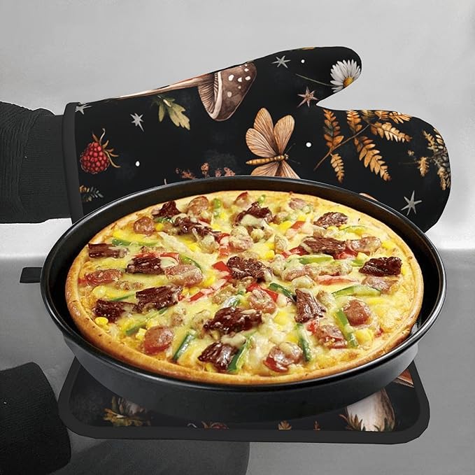 Mushroom Oven Mitts Set – Vintage Pot Holders Kitchen Gloves for Women Farmhouse Kitchen Mitts Floral Herb Potholders Set of 2 Durable for Cooking Baking