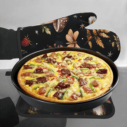 Mushroom Oven Mitts Set – Vintage Pot Holders Kitchen Gloves for Women Farmhouse Kitchen Mitts Floral Herb Potholders Set of 2 Durable for Cooking Baking