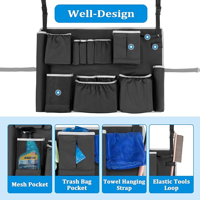 HODRANT Trash Can Caddy Bag Fit 32-55 Gallon Garbage Bin, Cleaning Caddy Bag with Adjustable Buckle for Industrial Trash Can, 13 Pockets Cleaning Tool Organizer for Cleaning Supplies, Gray Edge