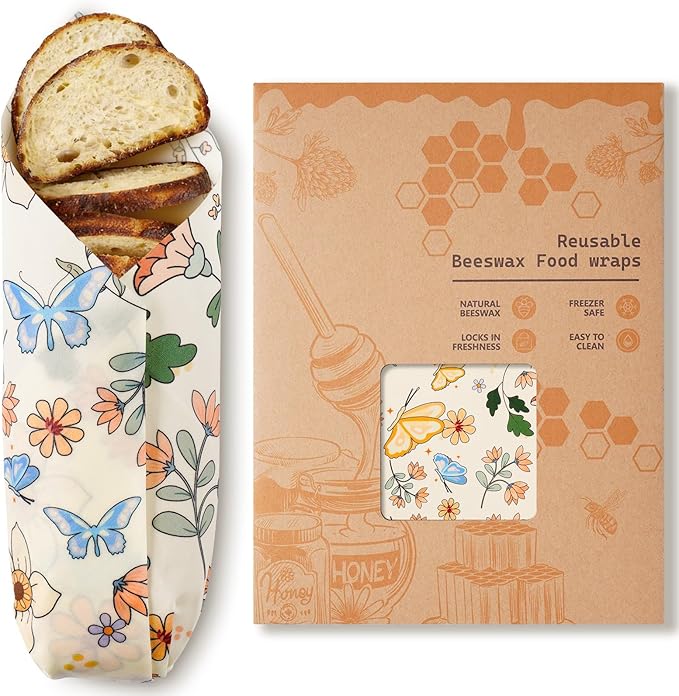 Beeswax Wraps for Food – Reusable Beeswax Bread Bag & Sandwich Wrap, Organic & Eco-Friendly & Sustainable Bees Paper, Perfect Alternative to Aluminum Foil Sourdough Storage & Plastic Wrap（Flower）
