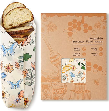 Beeswax Wraps for Food – Reusable Beeswax Bread Bag & Sandwich Wrap, Organic & Eco-Friendly & Sustainable Bees Paper, Perfect Alternative to Aluminum Foil Sourdough Storage & Plastic Wrap（Flower）